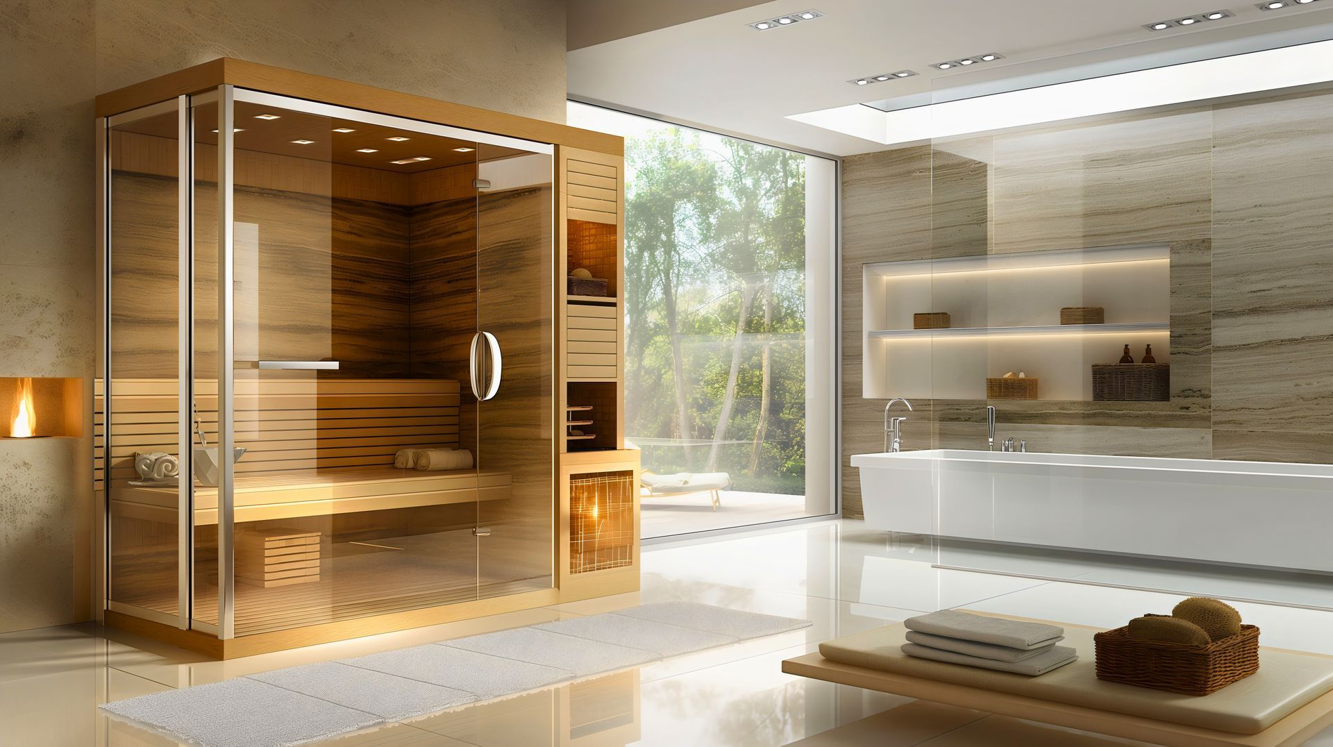 Salle de bains moderne avec sauna, tons neutres et lumière naturelle.
