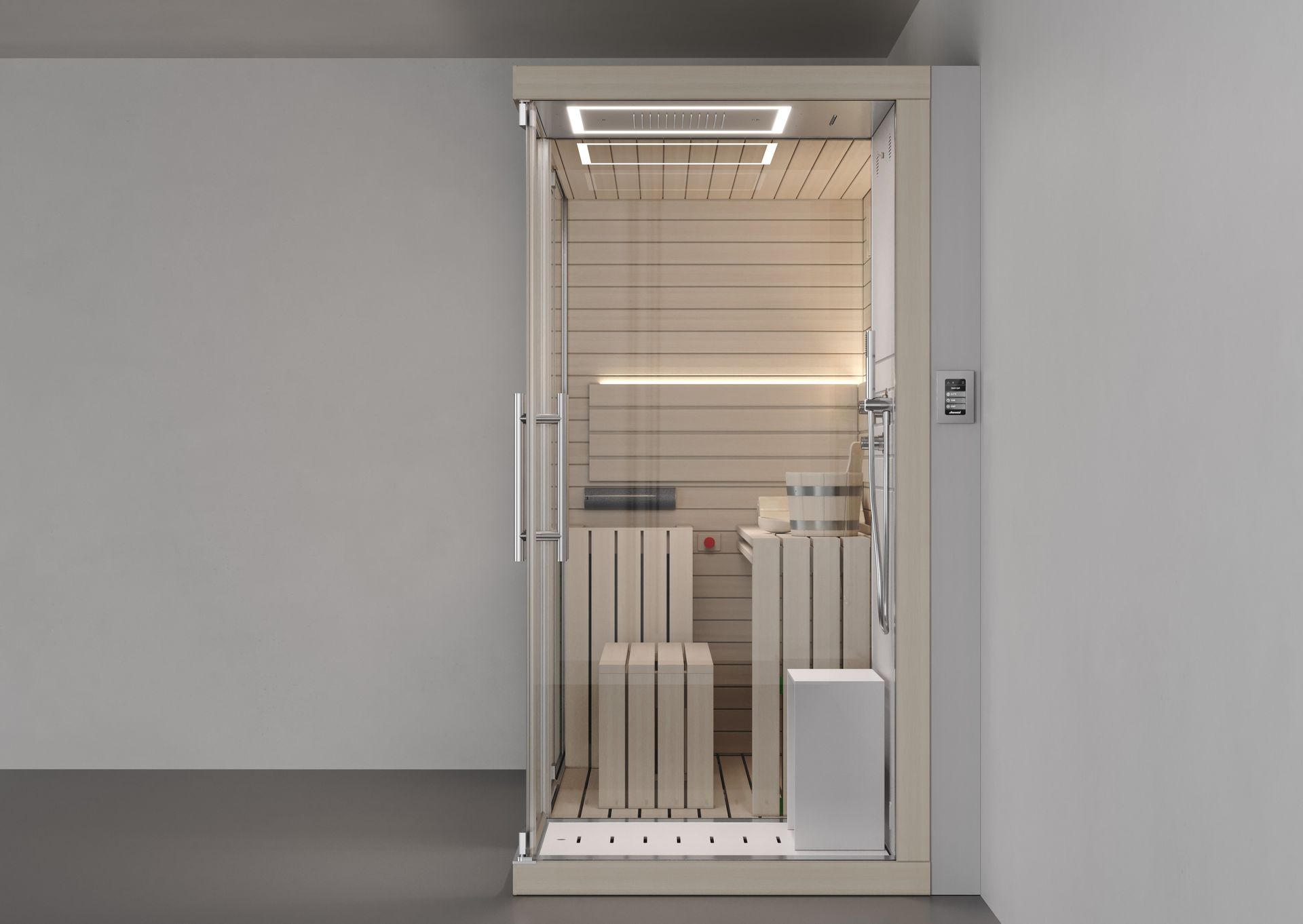 Sauna moderne avec porte vitrée, intérieur en bois clair et panneau de commande numérique.