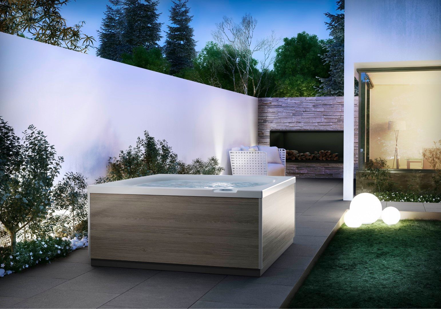 Jacuzzi sur une terrasse, avec éclairage extérieur et mur blanc en arrière-plan.