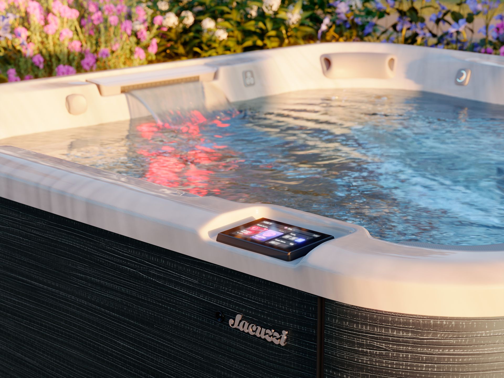 Gros plan sur un spa de la marque Jacuzzi avec des fleurs en arrière-plan.
