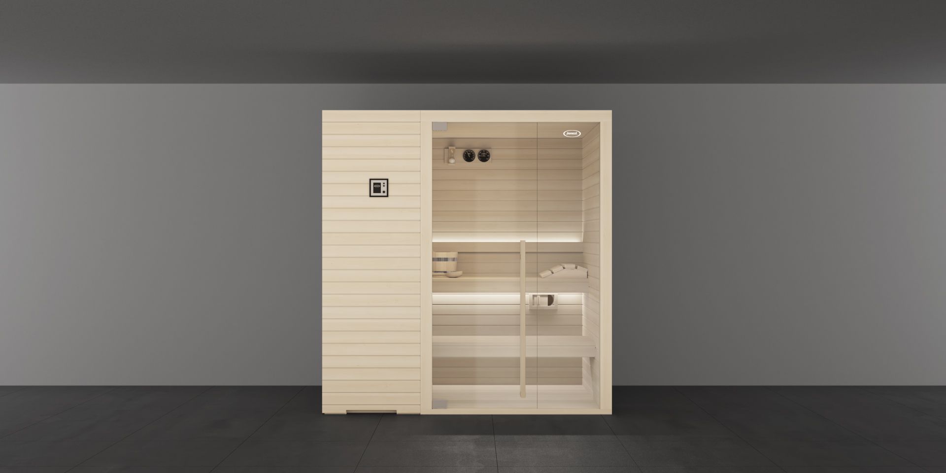 Cabine de sauna et de douche combinées. Parois en verre, intérieur en bois et robinetterie blanche.
