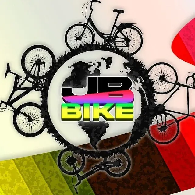 Un logotipo colorido para JB Bike rodeado de bicicletas.