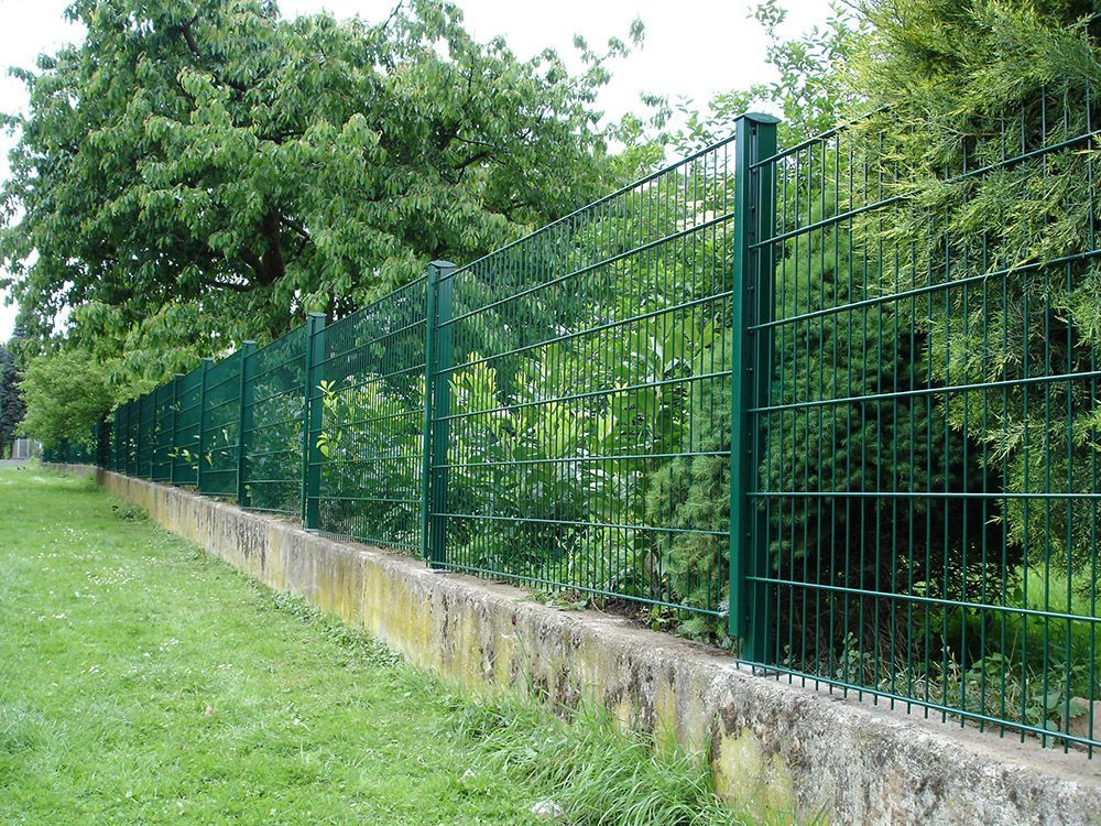 Ein grüner Zaun ist von Bäumen und Gras umgeben