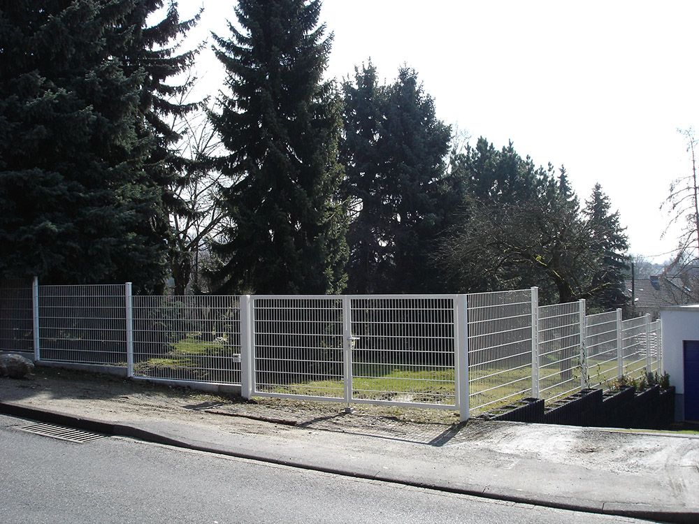 Ein Zaun umgibt ein üppiges grünes Feld mit Bäumen im Hintergrund