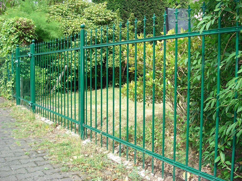 Ein grüner Metallzaun umgibt einen üppigen grünen Hof