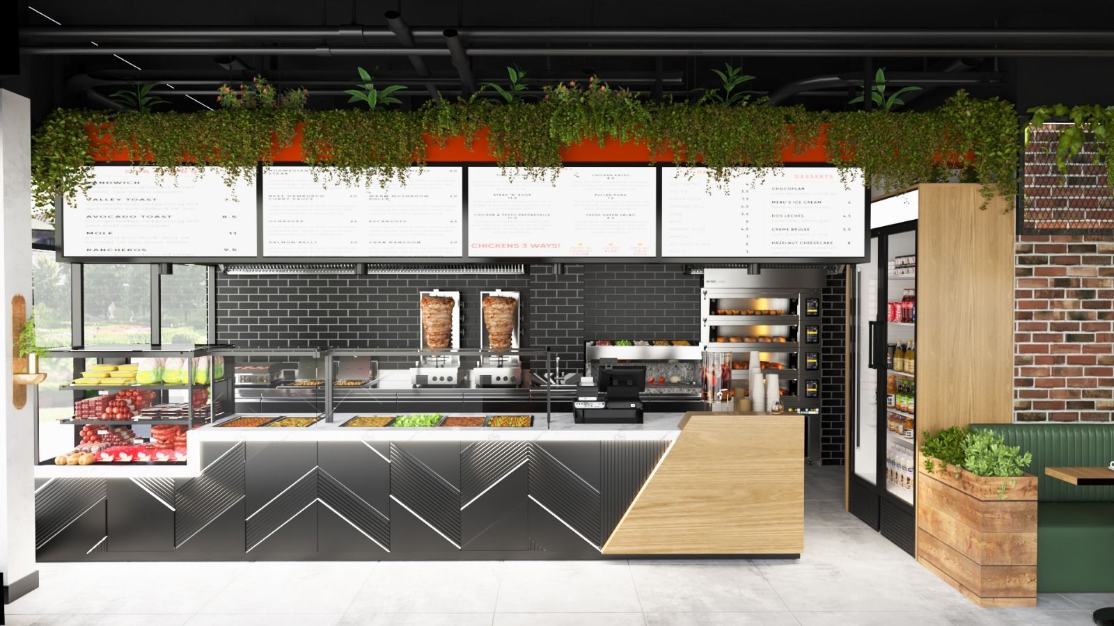 Gastronomieeinrichtungen Karakas Moderne Café-Theke mit Menütafeln, Hängepflanzen, Backsteinwänden und einer Holzbank