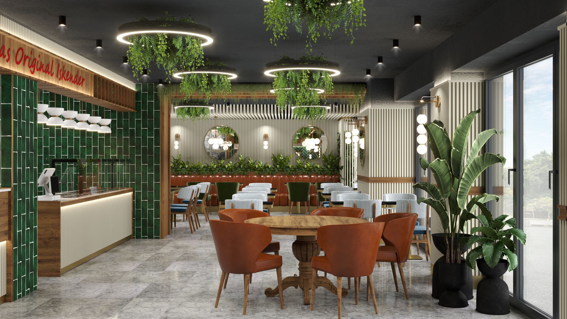 Restaurantinterieur mit Tischen, Stühlen und hängenden Pflanzen. Farbschema in Orange, Grün und Weiß.