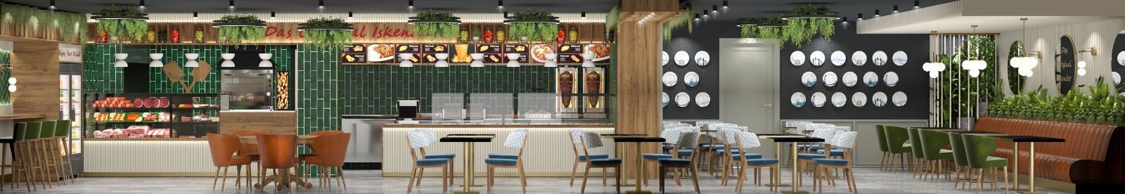 Stilvolles Café-Interieur mit grünen Regalen, Hängelampen, Hockern und Tischen in der Nähe großer Fenster