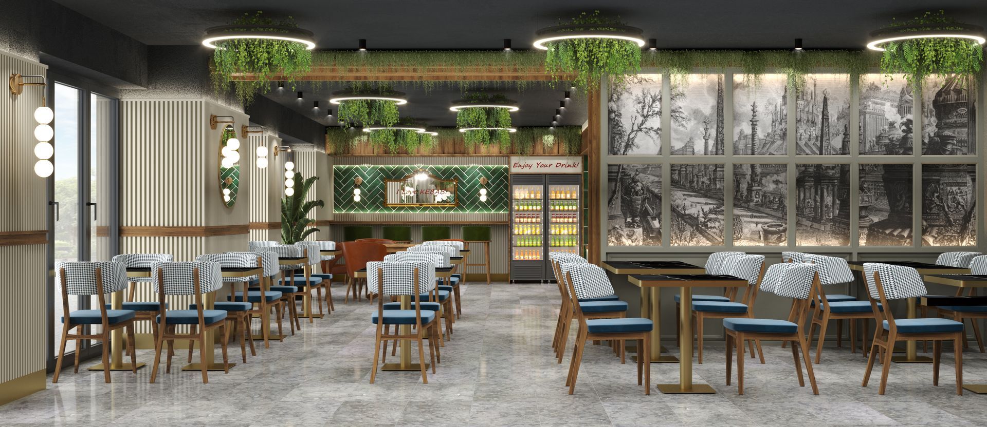 Interieur eines modernen Restaurants mit Tischen, Stühlen und hängenden Pflanzen.