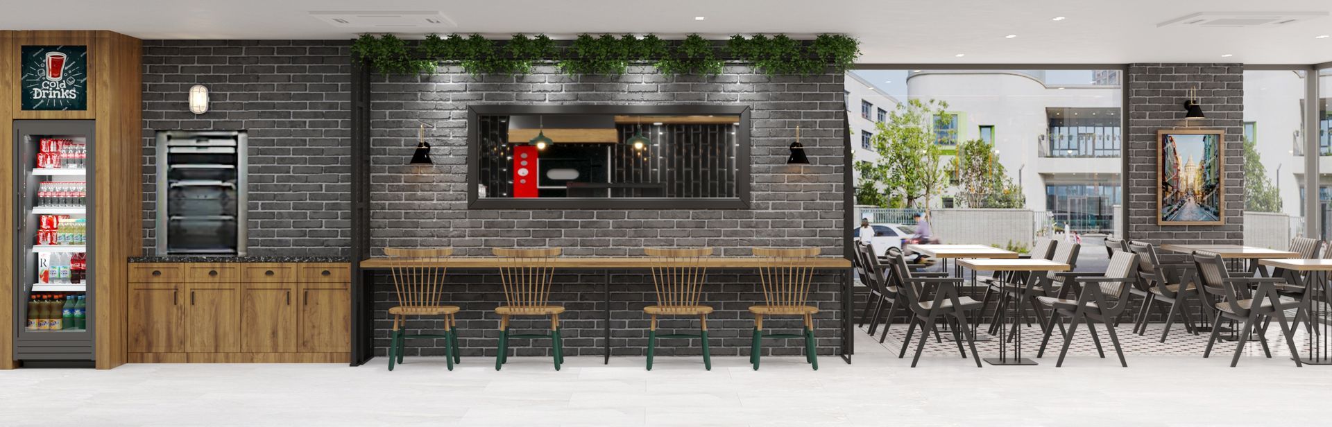 Innenansicht eines Restaurants mit Theke, Sitzgelegenheiten und Blick nach draußen durch große Fenster.