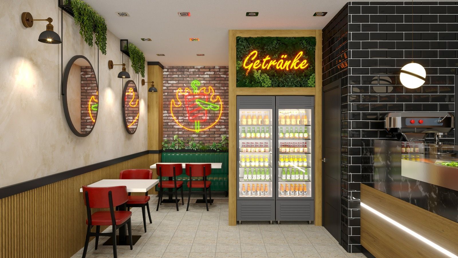 Innenansicht eines Restaurants mit Tischen, Stühlen und einer Kühltheke für Getränke. Leuchtreklamen und Wanddekoration.