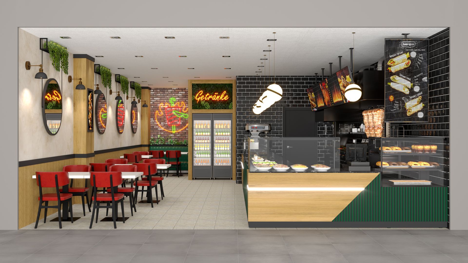 Modernes Café-Interieur mit roten Stühlen, Holztischen, Gebäcktheke und Hängelampen