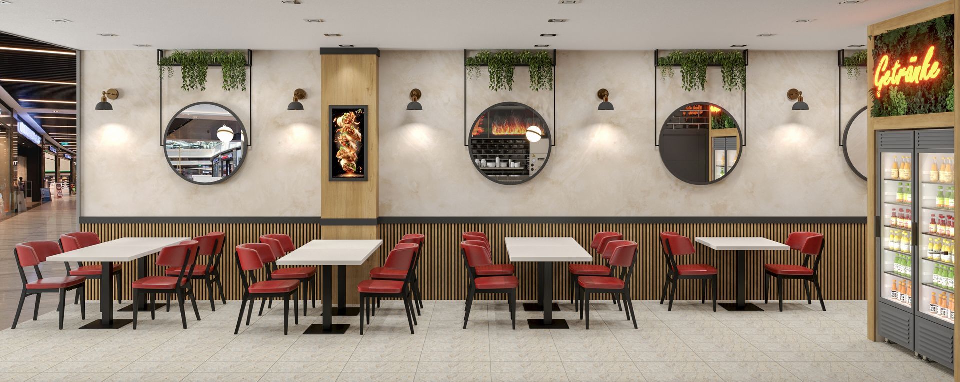 Gastronomieeinrichtungen Karakas Restaurant-Interieur mit roten Stühlen, Tischen, Spiegeln und einer Speisevitrine. Neutrale Farbgestaltung.