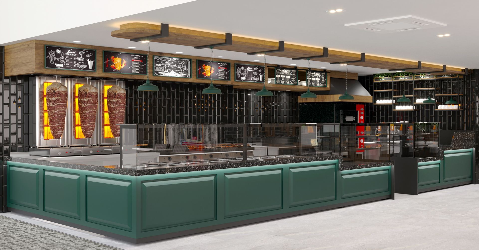 Ein modernes Kebab-Restaurant-Interieur mit grünen Theken, Edelstahlgeräten und Deckenbeleuchtung.