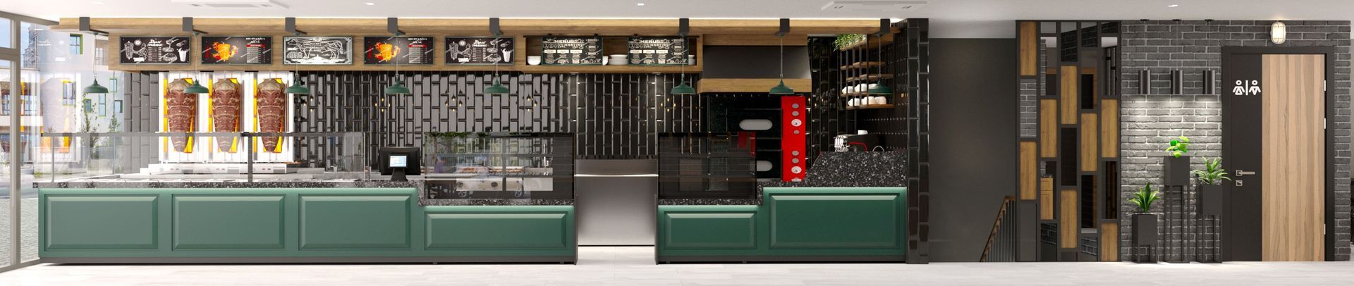 Interieur eines modernen Restaurants mit einer langen, grünen Theke, dunklen Holzregalen und einer roten Maschine.