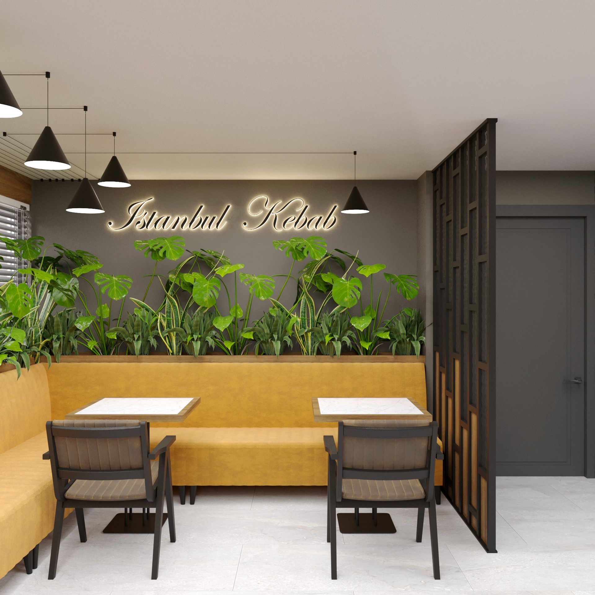 Restaurantinterieur mit gelben Sitznischen, Tischen, Stühlen, Pflanzen.