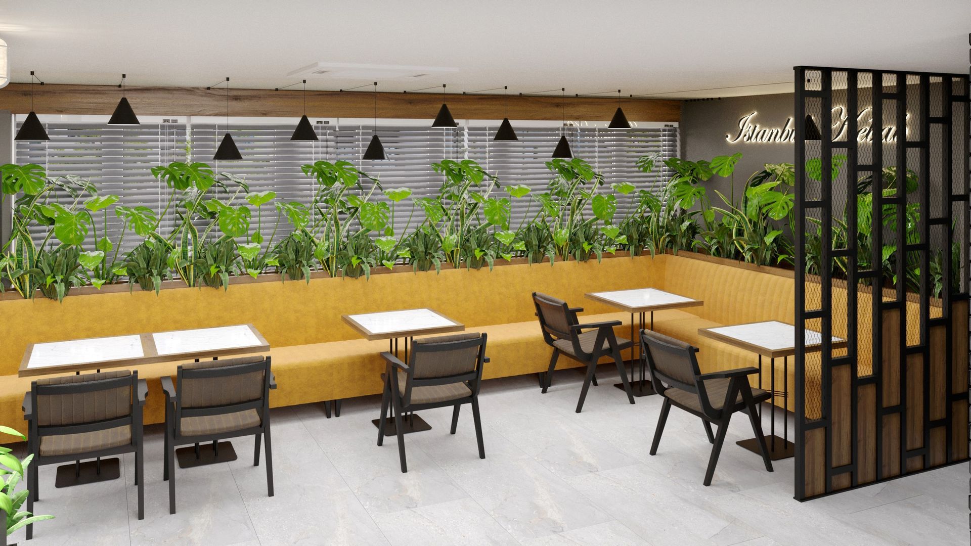 Das Café-Interieur ist mit gelben Sitzgelegenheiten, Tischen, Stühlen und Pflanzen ausgestattet.