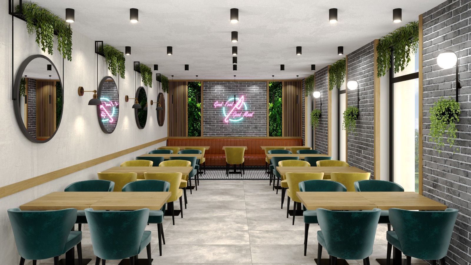 Modernes Café-Interieur mit grünen Stühlen, Holztischen, Hängepflanzen und einer Bühne im hinteren Bereich