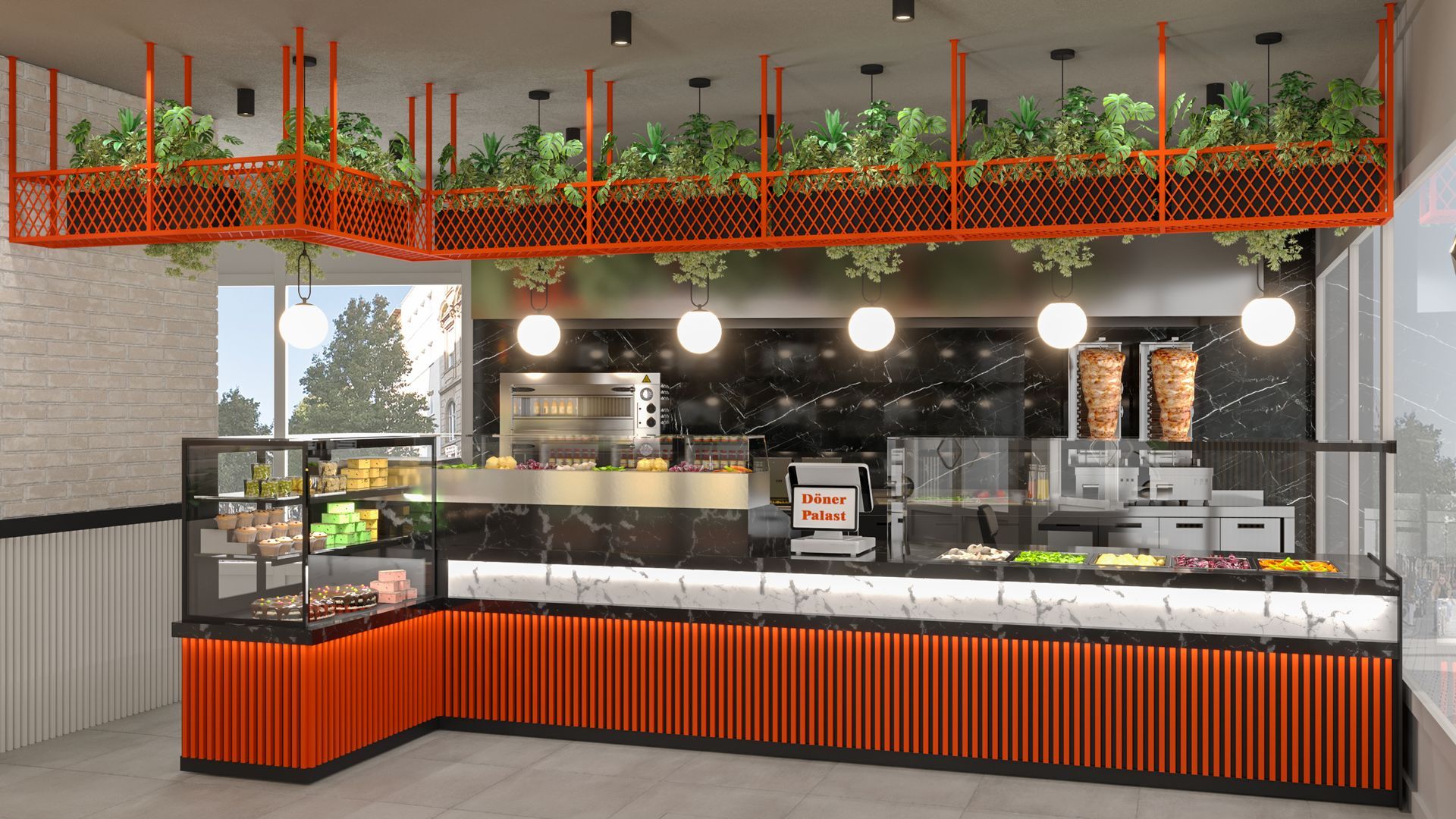 Moderne Café-Theke mit orangefarbenen Akzenten, Hängepflanzen, heller Beleuchtung und Glasvitrinen