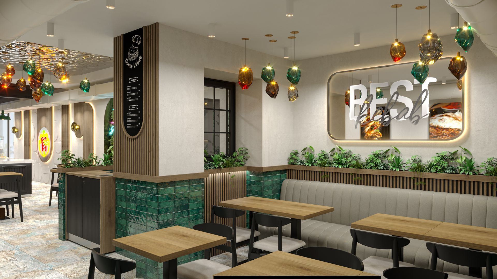 Restaurantinterieur mit Tischen, Sitznischen, dekorativer Beleuchtung und einem Schild mit der Aufschrift „REST“.