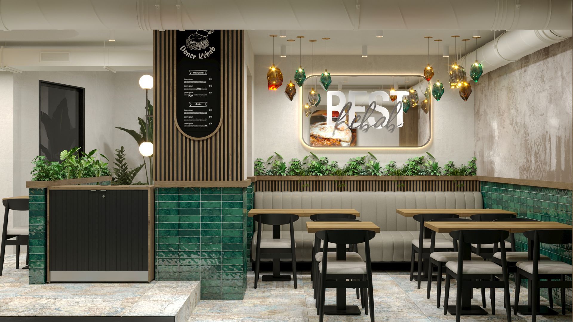 Restaurantinterieur mit Sitzgelegenheiten, Theke, Speisekarte und dekorativen Elementen. Farbschema in Grün und Gold.