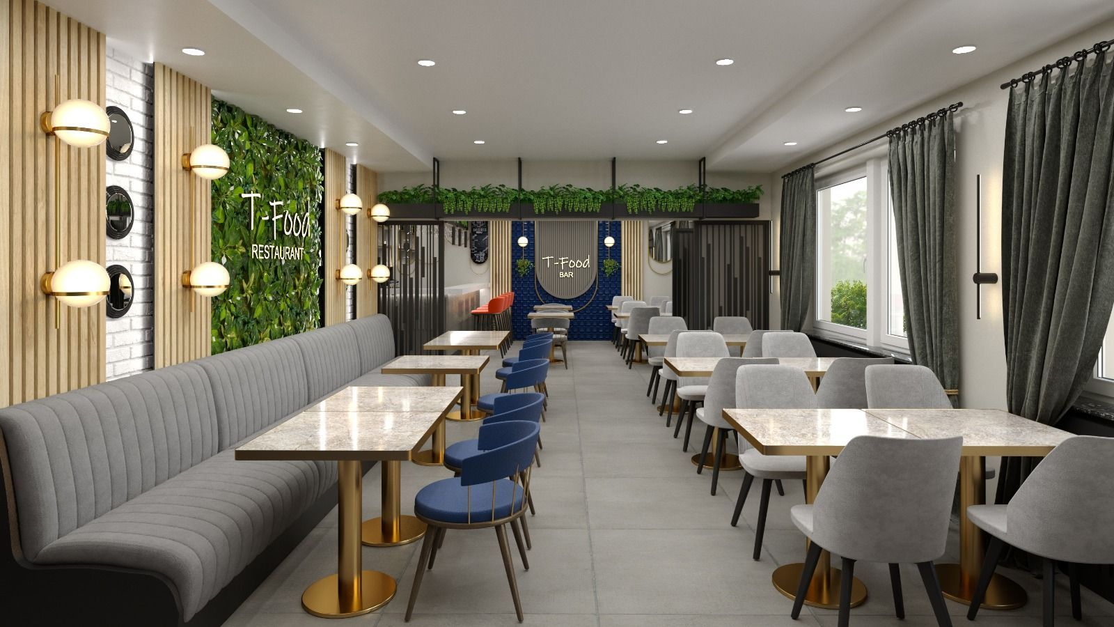 Restaurantinterieur mit Tischen, Stühlen und einer langen grauen Sitzbank. Grüne Wand mit Logo.