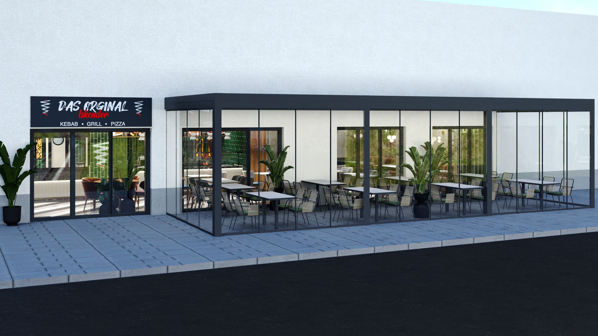 Restaurantfassade mit Glaswänden, schwarzen Zierelementen, Tischen und Stühlen. Schwarze Markise.