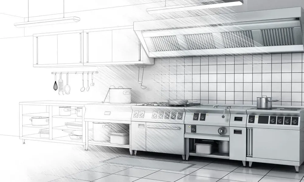 Interieur eines Restaurants mit Bar und Tischen. Mit goldenen Akzenten, roten Barhockern und grauen Stühlen.