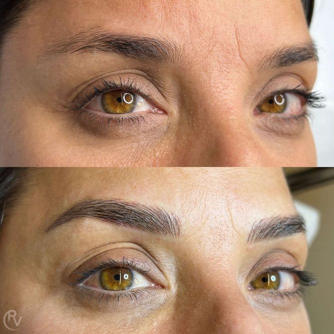 Una fotografía de antes y después de las cejas de una mujer.