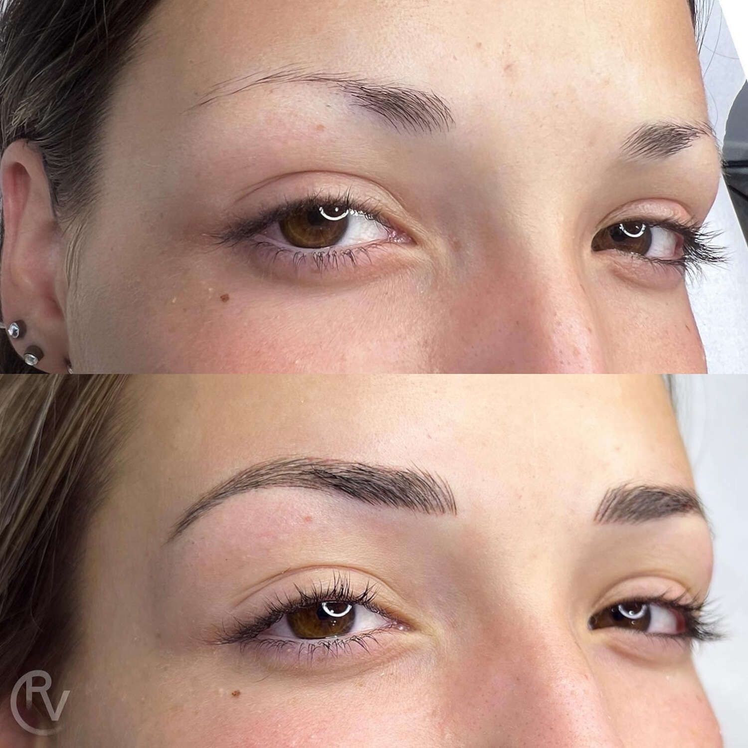 Una fotografía de antes y después de las cejas de una mujer.