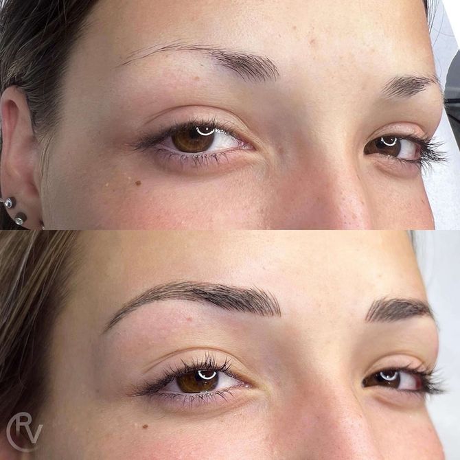 Una fotografía de antes y después de las cejas de una mujer.
