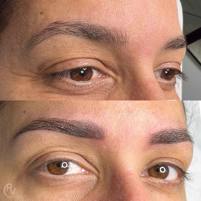 Una fotografía de antes y después de las cejas de una mujer.