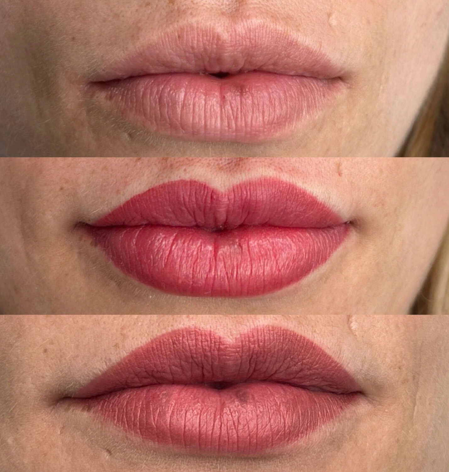 Una fotografía de antes y después de los labios de una mujer con lápiz labial rojo.