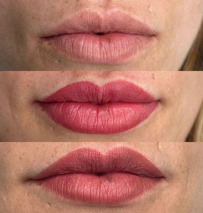 Una fotografía de antes y después de los labios de una mujer con lápiz labial rojo.