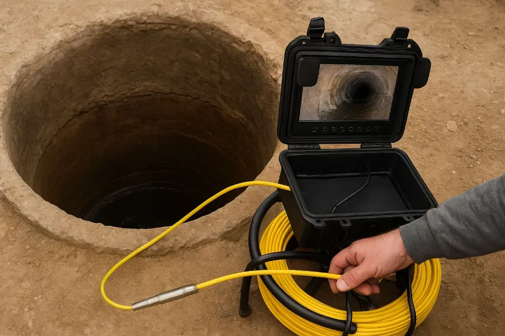 Cámara inspeccionando un pozo. Una mano sostiene un cable conectado a un monitor que muestra el interior del pozo.