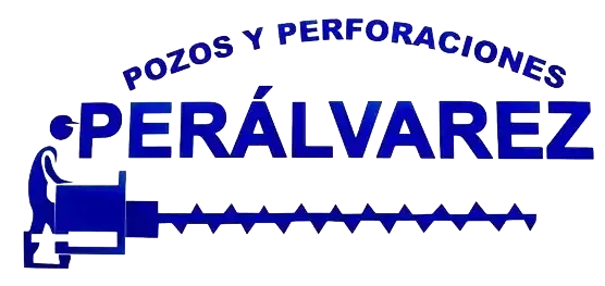 Logotipo de Perálvarez, empresa de perforación. Presenta a un trabajador operando un taladro con la leyenda "POZOS Y PERFORACIONES" en la parte superior.