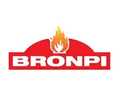 El logotipo de Bronpi presenta el nombre de la empresa en letras blancas en negrita dentro de un rectángulo rojo arqueado rematado con un icono de llama.