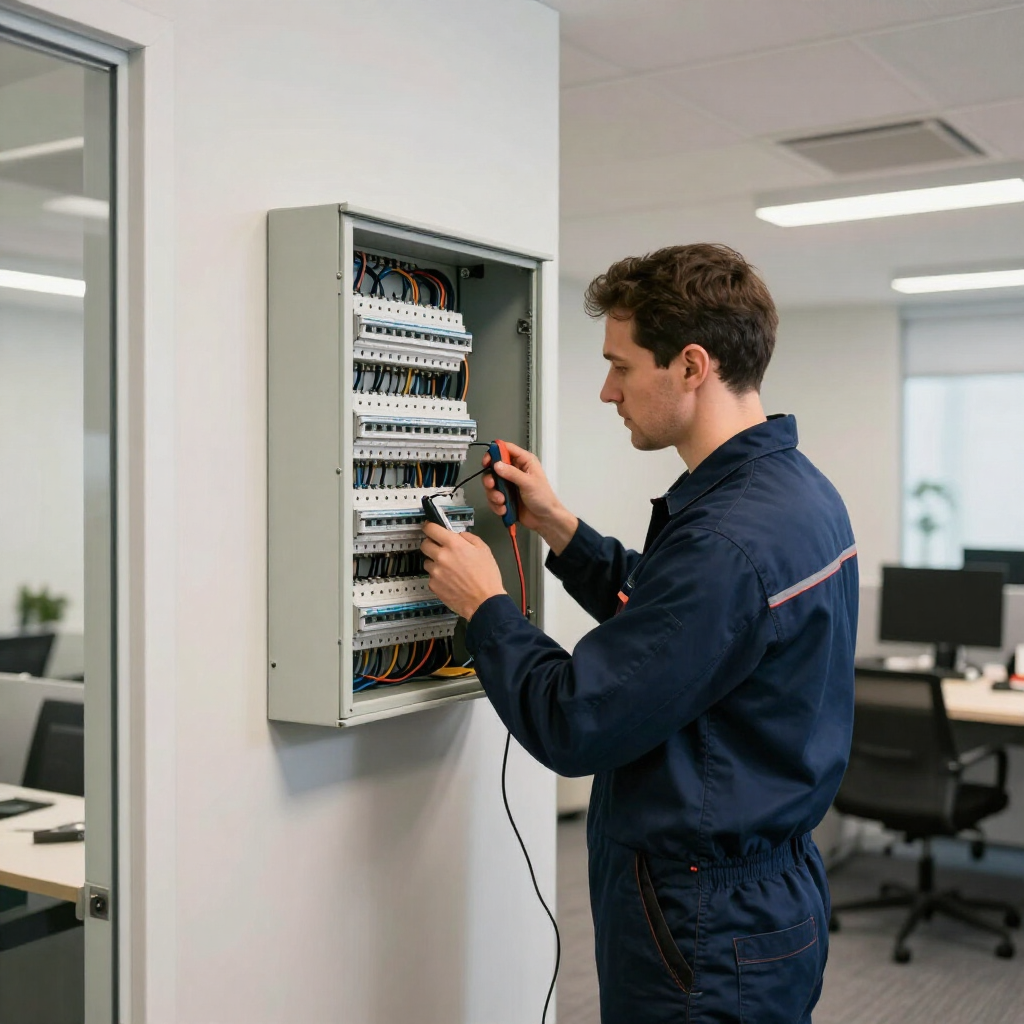 Técnico inspeccionando un cuadro eléctrico abierto en una oficina bien iluminada