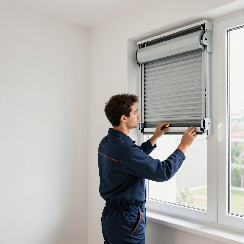 Un técnico ajustando una persiana enrollable en una ventana luminosa