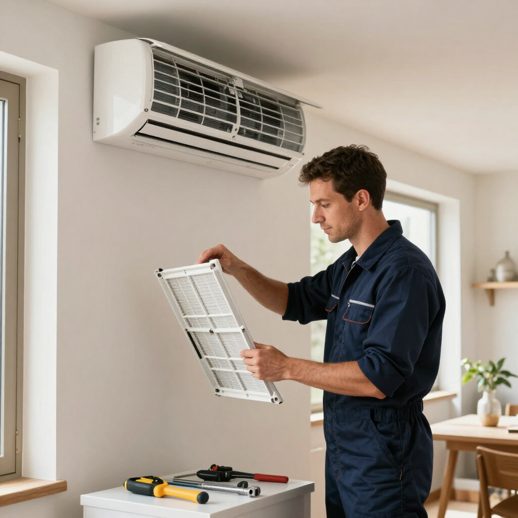 Técnico cambiando el filtro del aire acondicionado en el interior, junto a una unidad de aire acondicionado montada en la pared
