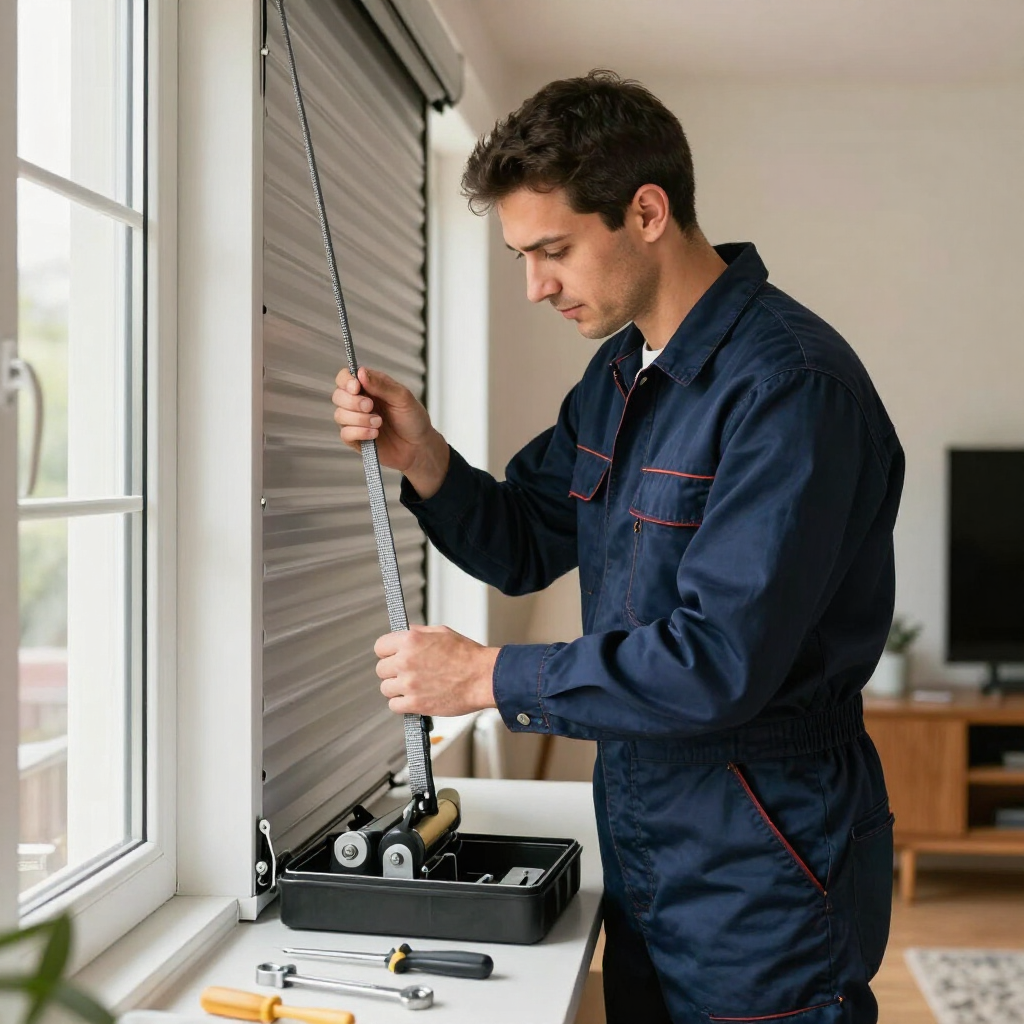 Un técnico mide el mecanismo de una persiana junto a una ventana, con herramientas sobre una mesa
