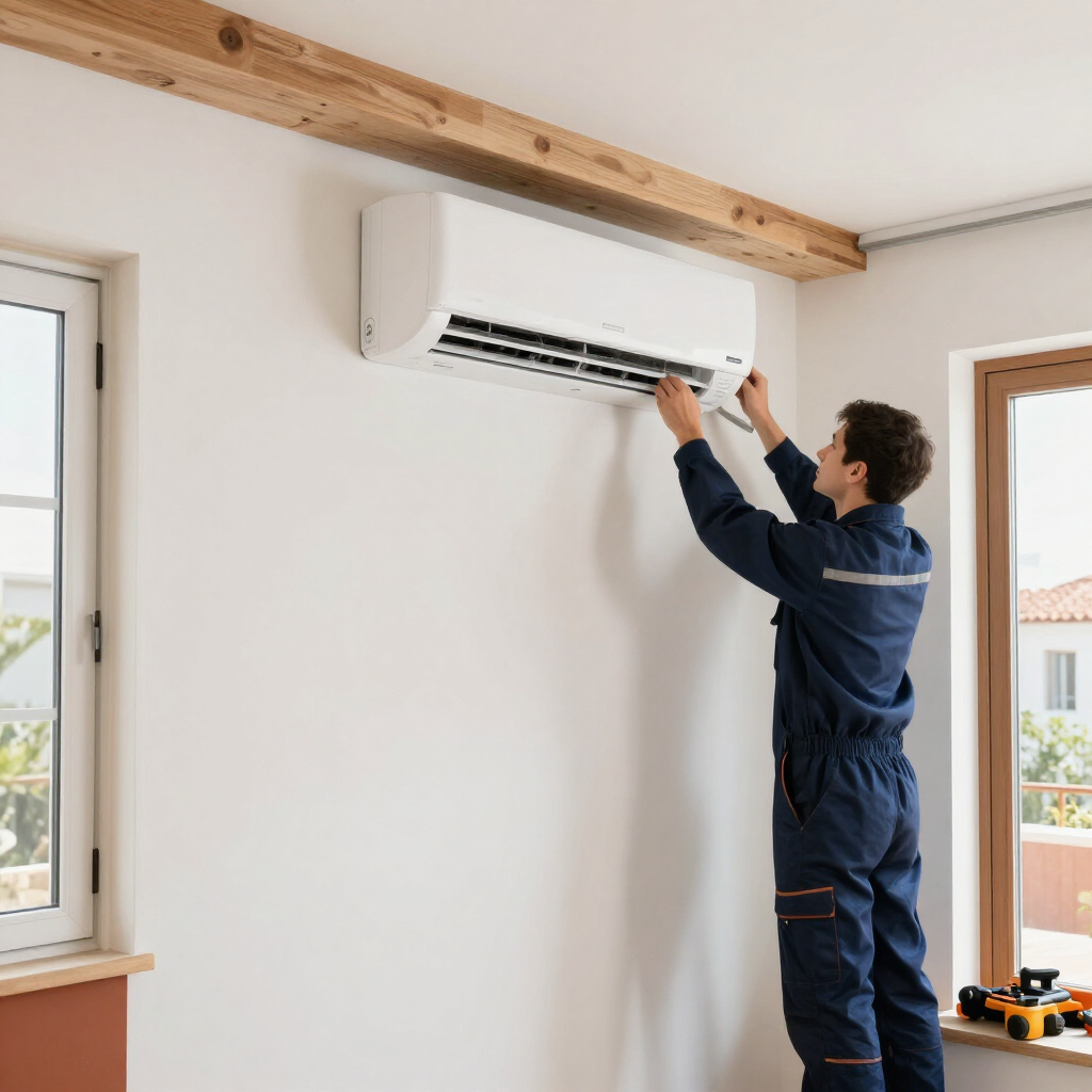 Técnico instalando un aire acondicionado blanco de pared en una habitación luminosa