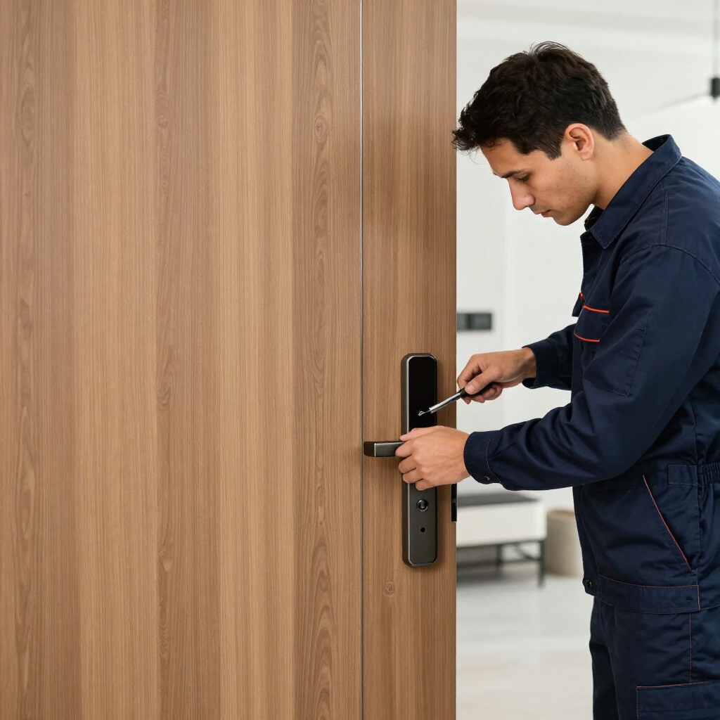 Técnico abriendo una puerta de madera con un lector de tarjetas y una cerradura con manija