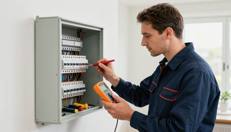 Técnico inspeccionando un cuadro de control eléctrico con un multímetro y un destornillador
