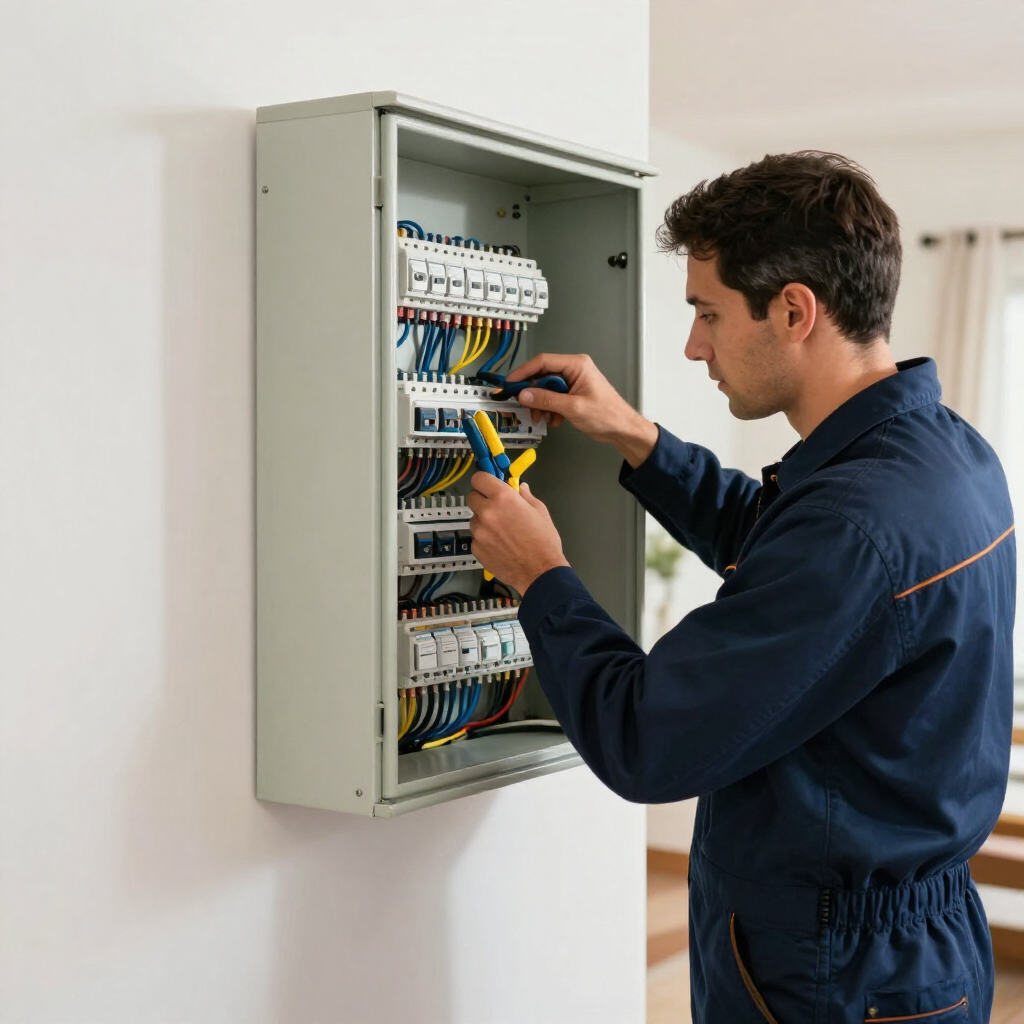 Electricista cableando un cuadro eléctrico abierto con herramientas en una habitación luminosa