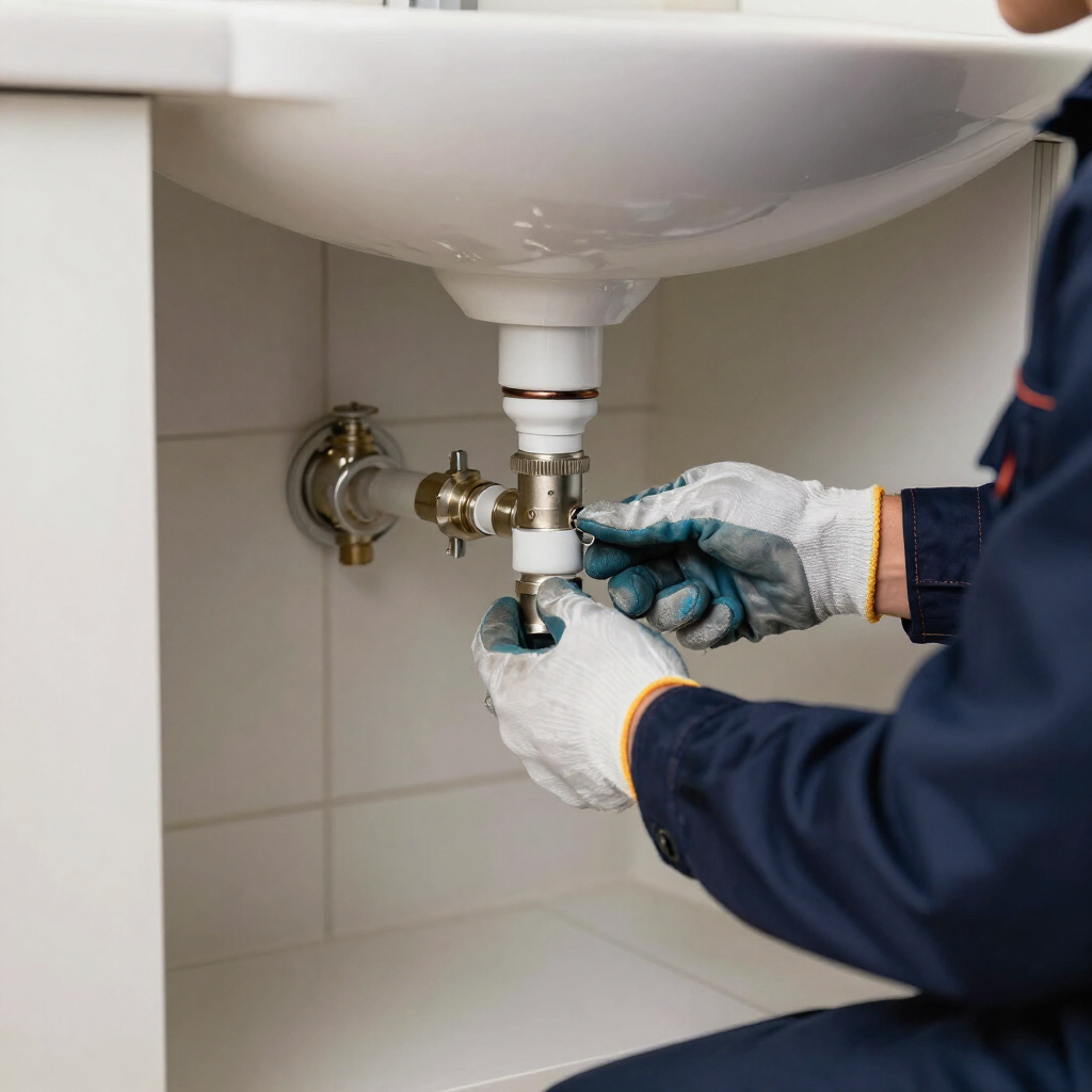 Manos enguantadas ajustando el tubo de desagüe debajo del lavabo del baño