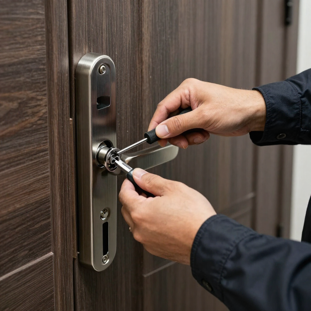 Manos que usan un destornillador para ajustar la cerradura de una puerta de madera marrón