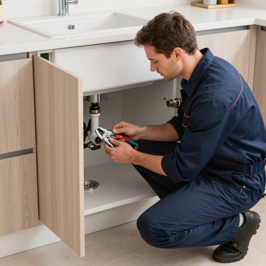 Un fontanero reparando las tuberías bajo el fregadero de la cocina, con la puerta del armario abierta