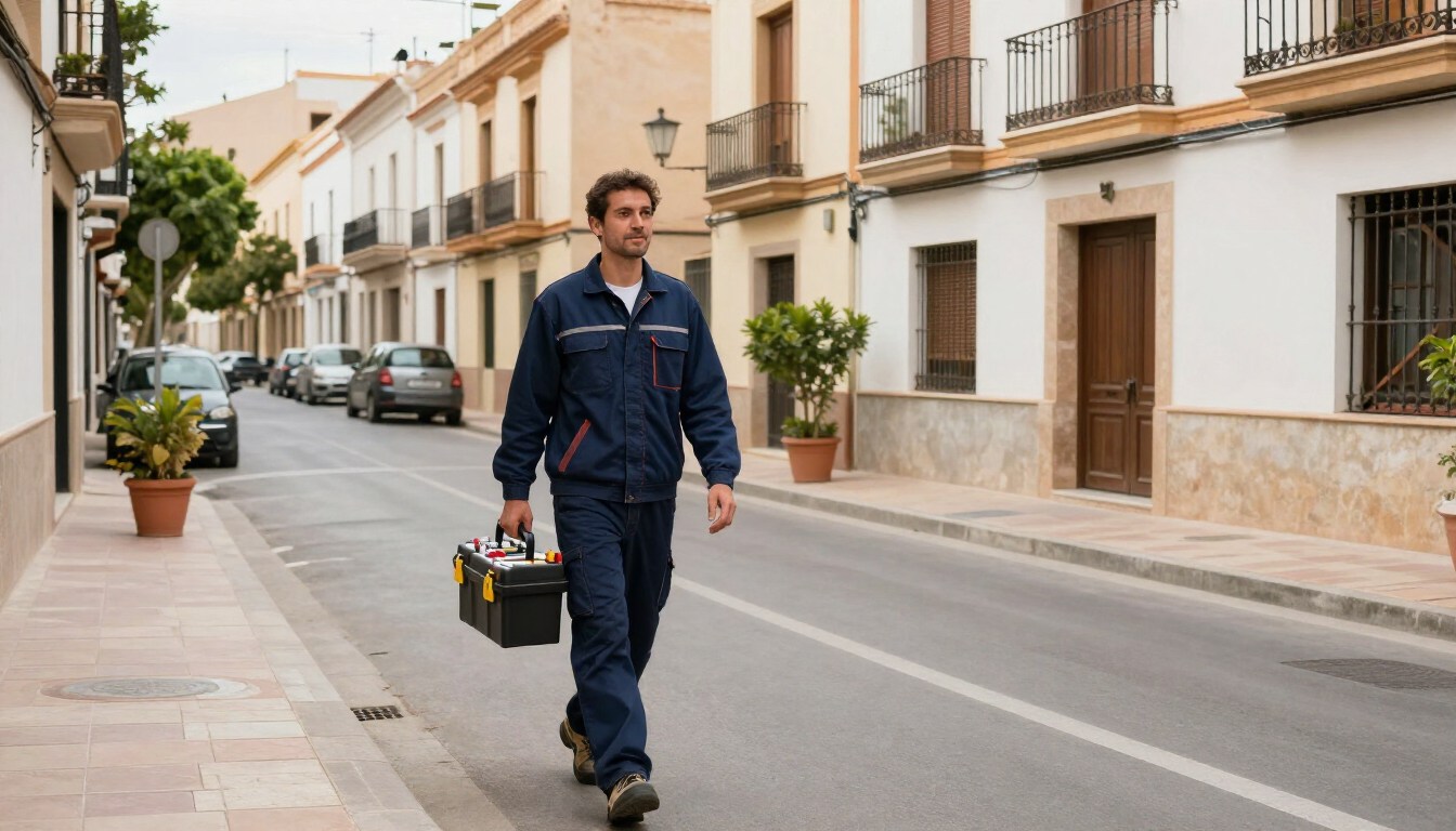 Un trabajador con un mono azul marino camina por una calle tranquila y lleva una caja de herramientas cerca de unas casas beige.