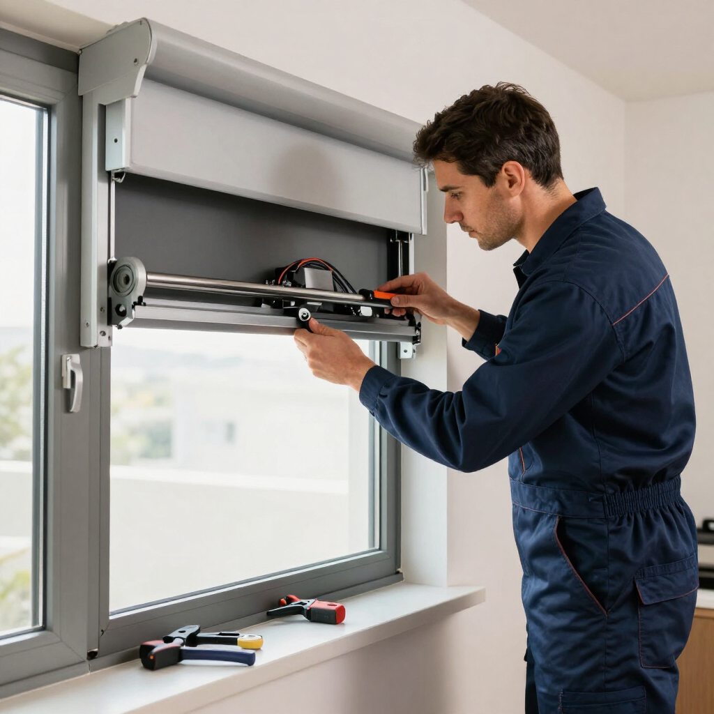 Un técnico instalando una cortina en una ventana grande, con herramientas en el alféizar.